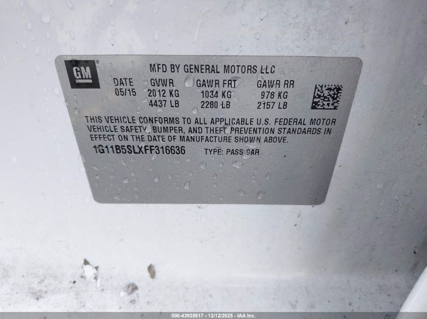 2015 Chevrolet Malibu Ls VIN: 1G11B5SLXFF316636 Lot: 43925517