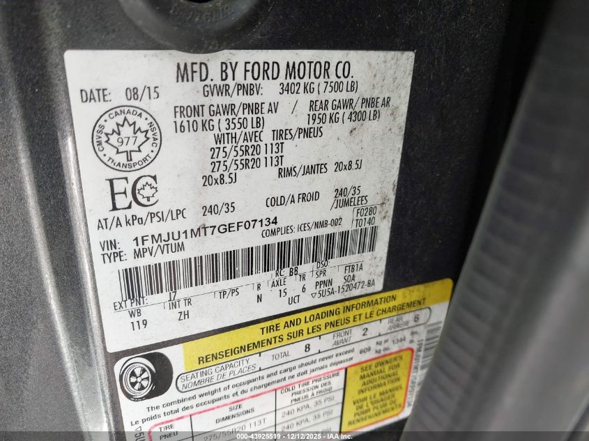 2016 Ford Expedition Platinum VIN: 1FMJU1MT7GEF07134 Lot: 43925519