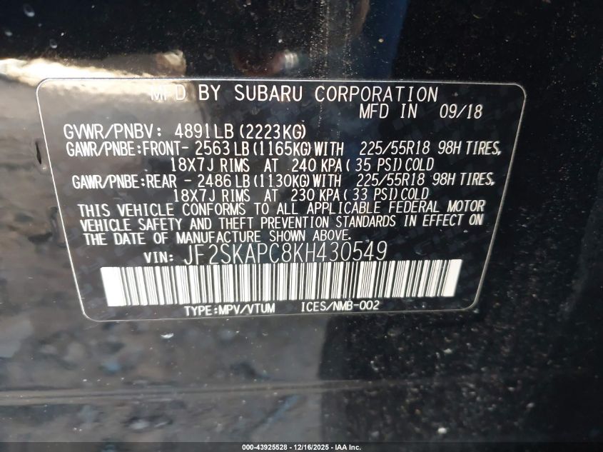 2019 Subaru Forester Sport VIN: JF2SKAPC8KH430549 Lot: 43925528