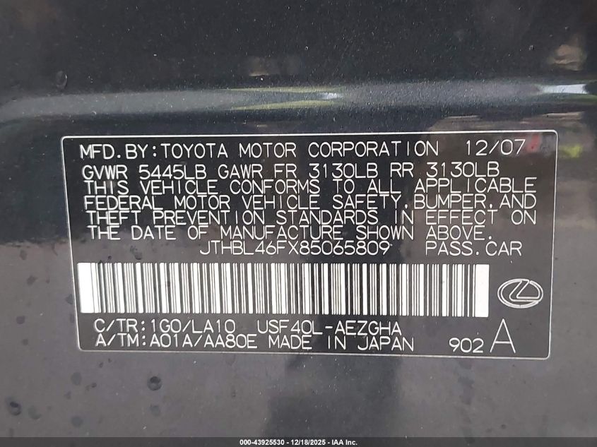 2008 Lexus Ls 460 VIN: JTHBL46FX85065809 Lot: 43925530