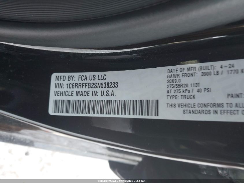 2025 Ram 1500 Big Horn 4X4 5'7 Box VIN: 1C6RRFFG2SN538233 Lot: 43925544