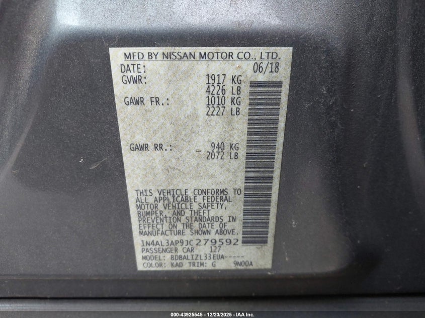 VIN 1N4AL3AP9JC279592 2018 NISSAN ALTIMA 2.5 SV