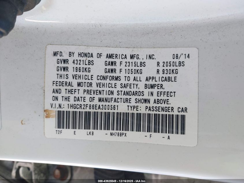 2014 Honda Accord Ex-L VIN: 1HGCR2F86EA300561 Lot: 43925549