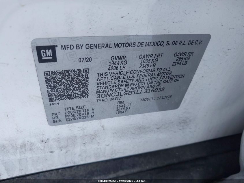 2020 Chevrolet Trax Fwd Lt VIN: 3GNCJLSB1LL316032 Lot: 43925550