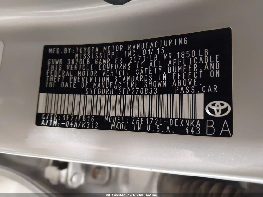 2015 Toyota Corolla Le VIN: 5YFBURHE2FP270833 Lot: 43925557