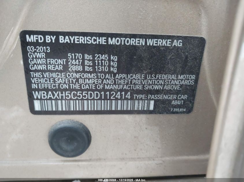 2013 BMW 528I xDrive VIN: WBAXH5C55DD112414 Lot: 43925566