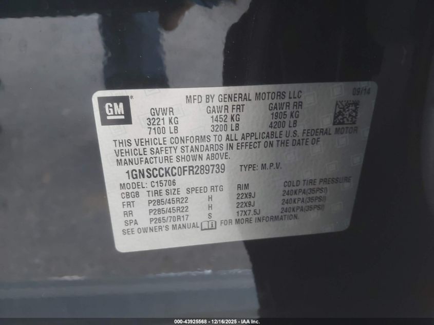 2015 Chevrolet Tahoe Ltz VIN: 1GNSCCKC0FR289739 Lot: 43925568