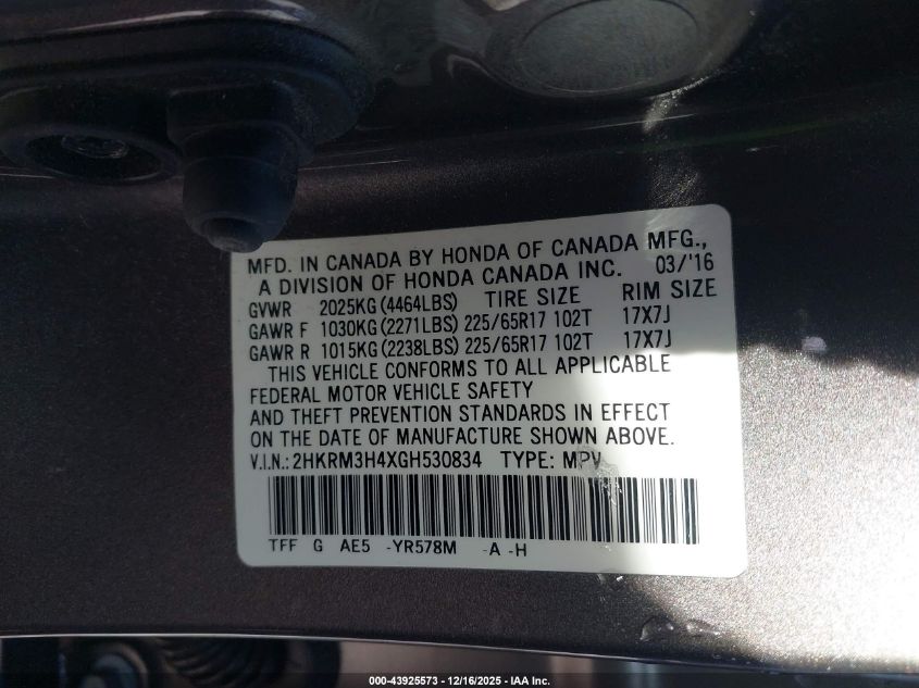 2016 Honda Cr-V Se VIN: 2HKRM3H4XGH530834 Lot: 43925573