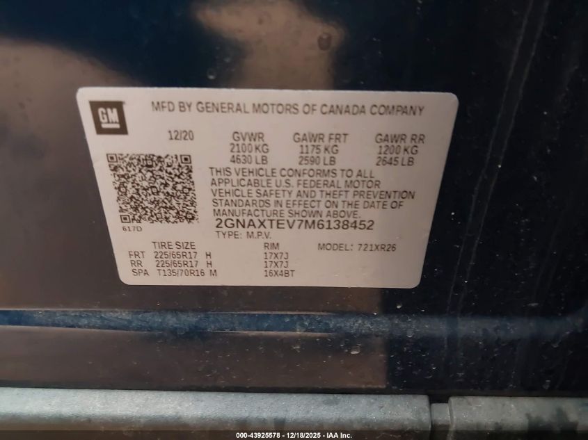 2021 Chevrolet Equinox Awd 2Fl VIN: 2GNAXTEV7M6138452 Lot: 43925578