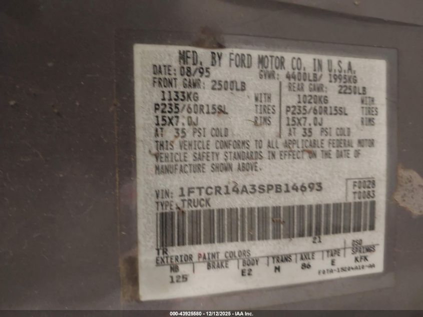 1995 Ford Ranger Super Cab VIN: 1FTCR14A3SPB14693 Lot: 43925580