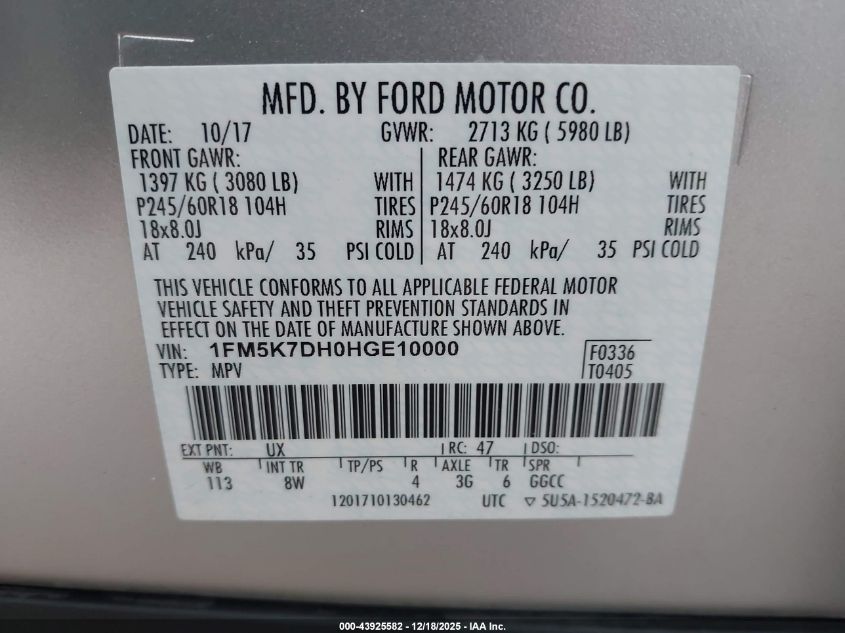 2017 Ford Explorer Xlt VIN: 1FM5K7DH0HGE10000 Lot: 43925582