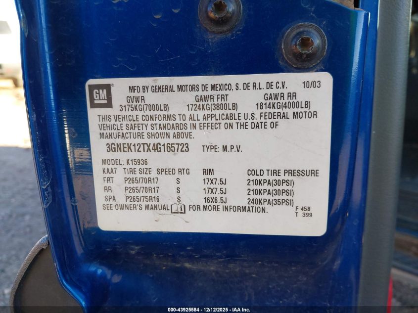 2004 Chevrolet Avalanche 1500 VIN: 3GNEK12TX4G165723 Lot: 43925584