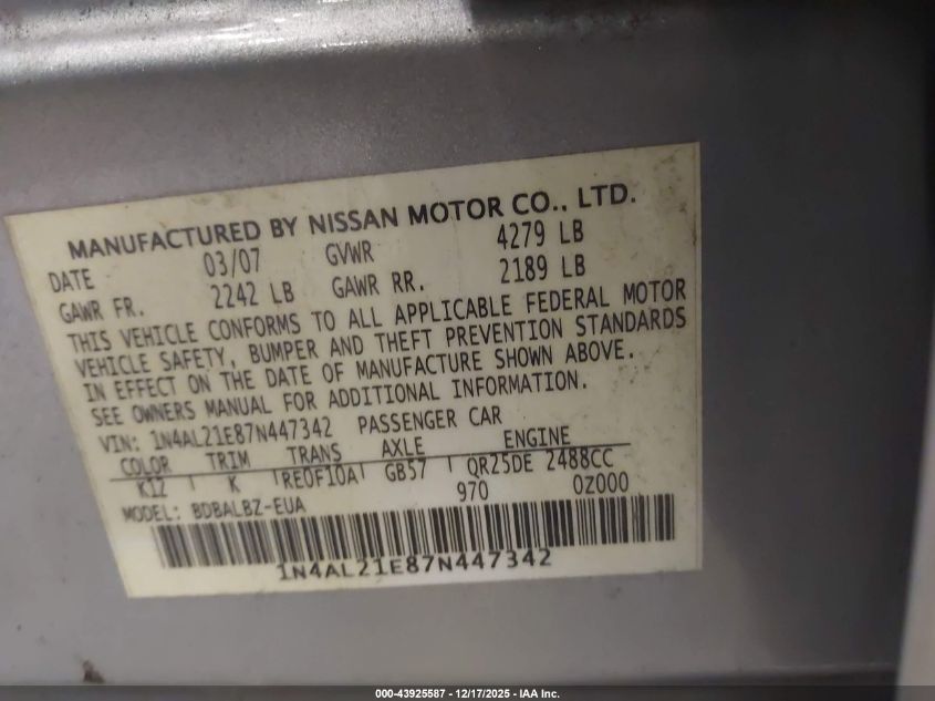 2007 Nissan Altima 2.5 S VIN: 1N4AL21E87N447342 Lot: 43925587