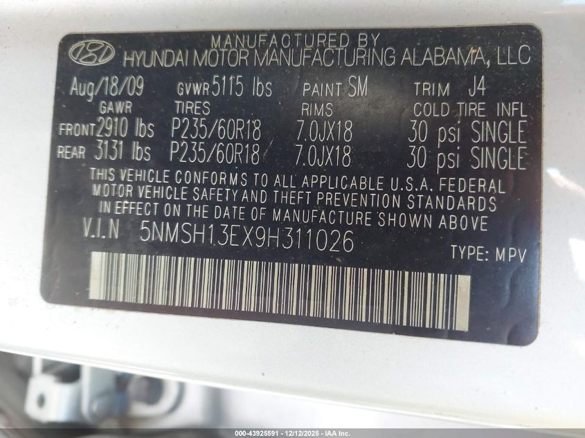2009 Hyundai Santa Fe Se VIN: 5NMSH13EX9H311026 Lot: 43925591