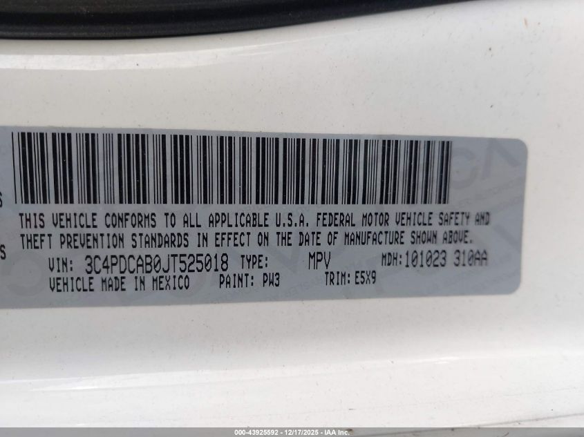 2018 Dodge Journey Se VIN: 3C4PDCAB0JT525018 Lot: 43925592