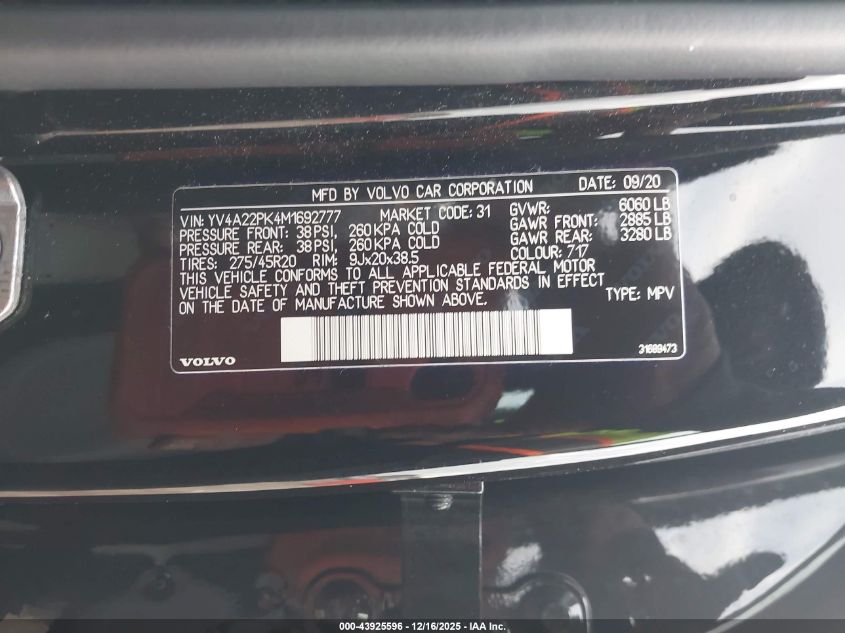 2021 Volvo Xc90 T6 Momentum 7 Passenger VIN: YV4A22PK4M1692777 Lot: 43925596