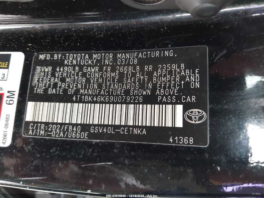 2009 Toyota Camry Le V6 VIN: 4T1BK46K69U079226 Lot: 43925608