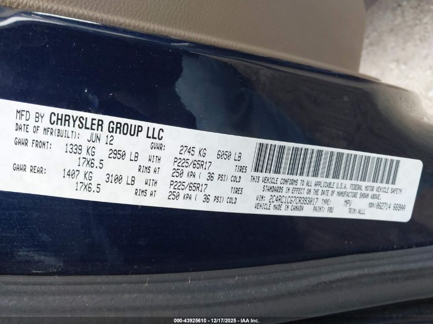 2012 Chrysler Town & Country Touring-L VIN: 2C4RC1CG7CR393017 Lot: 43925610