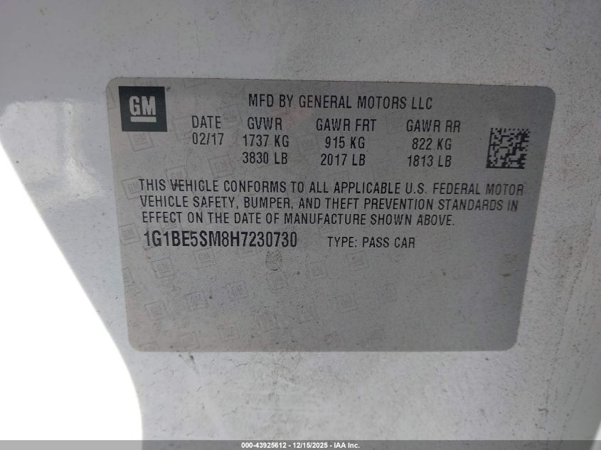 2017 Chevrolet Cruze Lt Auto VIN: 1G1BE5SM8H7230730 Lot: 43925612
