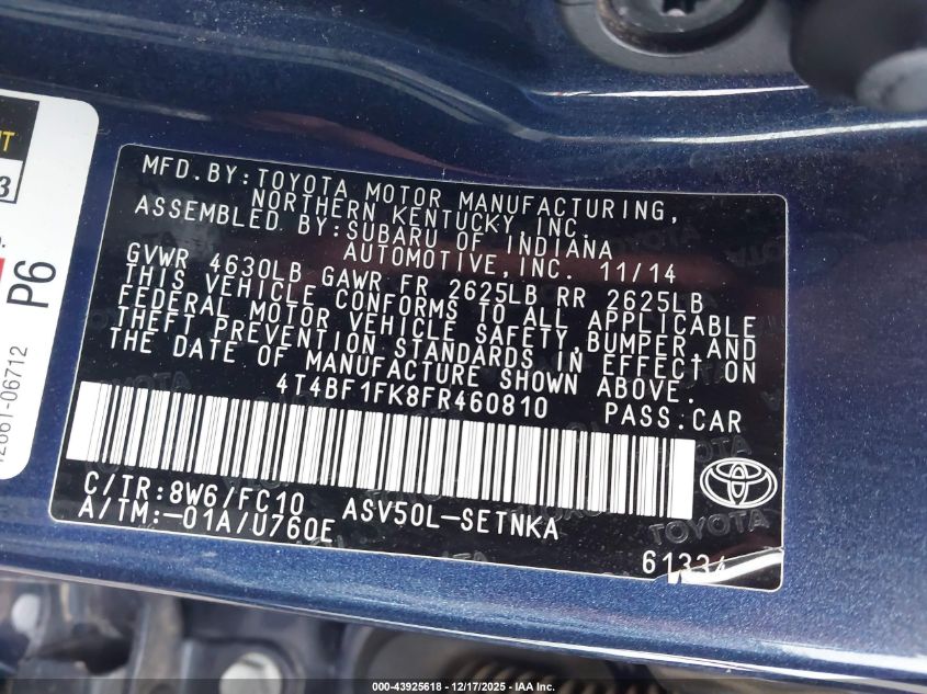 2015 Toyota Camry Le VIN: 4T4BF1FK8FR460810 Lot: 43925618