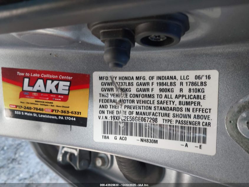 2016 Honda Civic Lx VIN: 19XFC2E56GE067298 Lot: 43925630