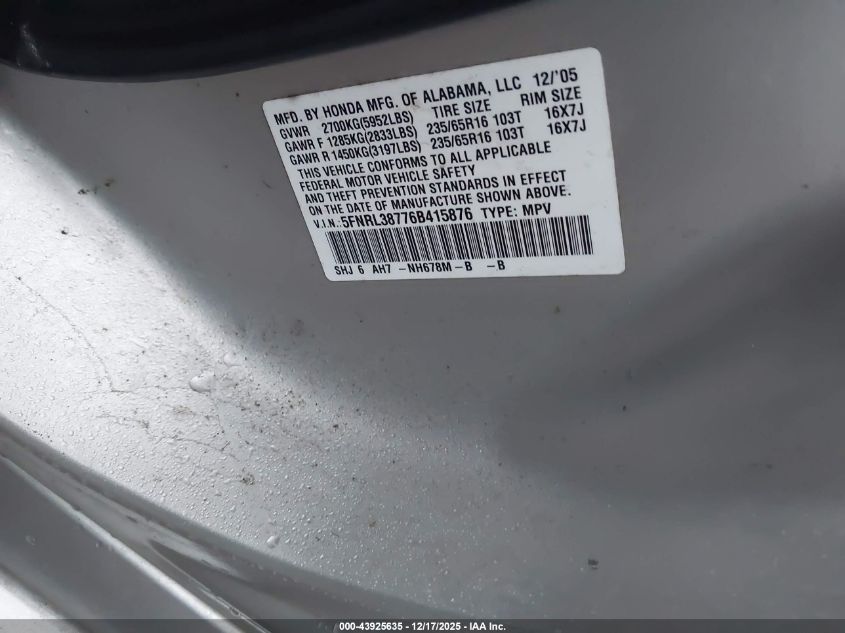 2006 Honda Odyssey Ex-L VIN: 5FNRL38776B415876 Lot: 43925635