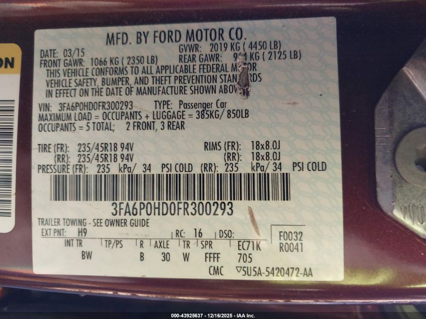 2015 Ford Fusion Se VIN: 3FA6P0HD0FR300293 Lot: 43925637