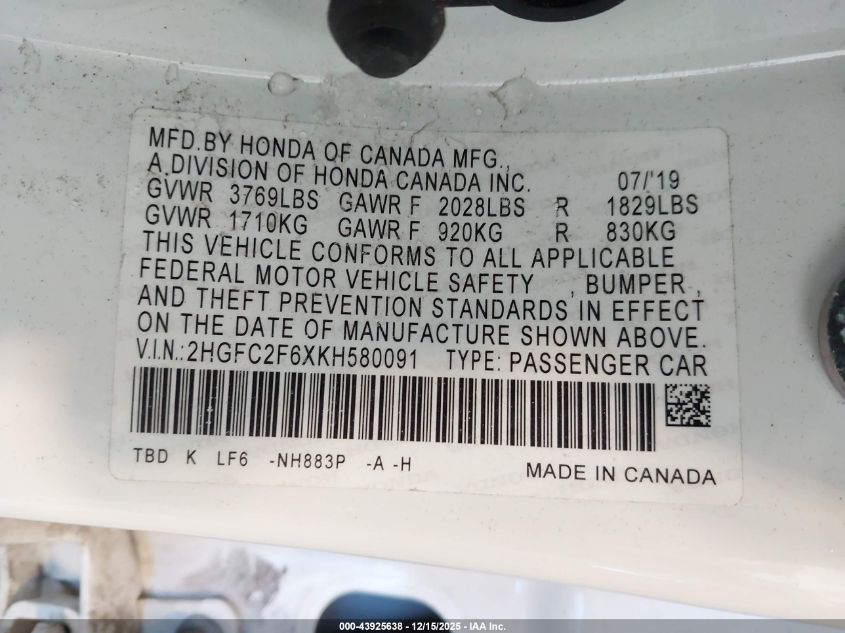 2019 Honda Civic Lx VIN: 2HGFC2F6XKH580091 Lot: 43925638