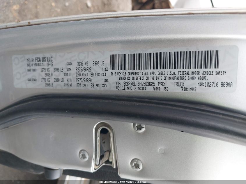 2017 Ram 1500 Lone Star 4X2 5'7 Box VIN: 3C6RR6LT8HG563625 Lot: 43925639