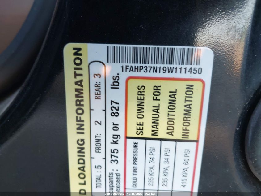 2009 Ford Focus Sel VIN: 1FAHP37N19W111450 Lot: 43925642