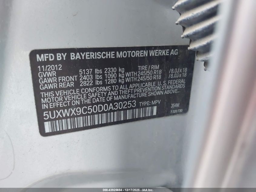 2013 BMW X3 xDrive28I VIN: 5UXWX9C50D0A30253 Lot: 43925654