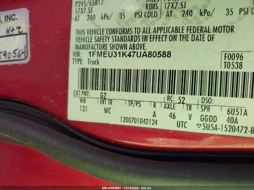 2007 Ford Explorer Sport Trac Xlt VIN: 1FMEU31K47UA80588 Lot: 43925657