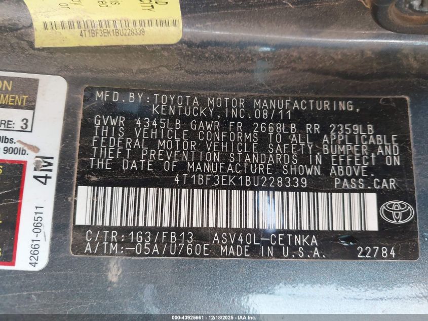 2011 Toyota Camry Le VIN: 4T1BF3EK1BU228339 Lot: 43925661