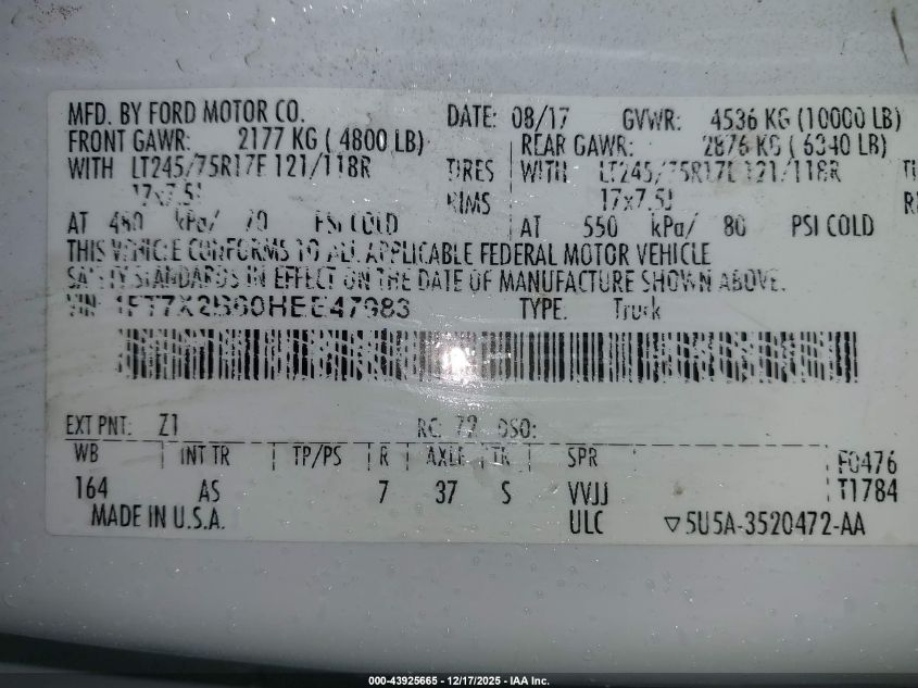 2017 Ford F-250 Xl VIN: 1FT7X2B60HEE47983 Lot: 43925665