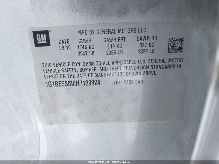 2017 Chevrolet Cruze Lt Auto VIN: 1G1BE5SM0H7139824 Lot: 43925669