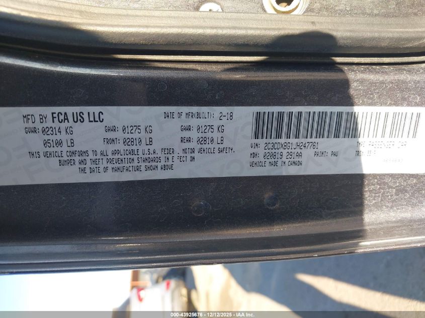 2018 Dodge Charger Sxt Rwd VIN: 2C3CDXBG1JH247761 Lot: 43925676