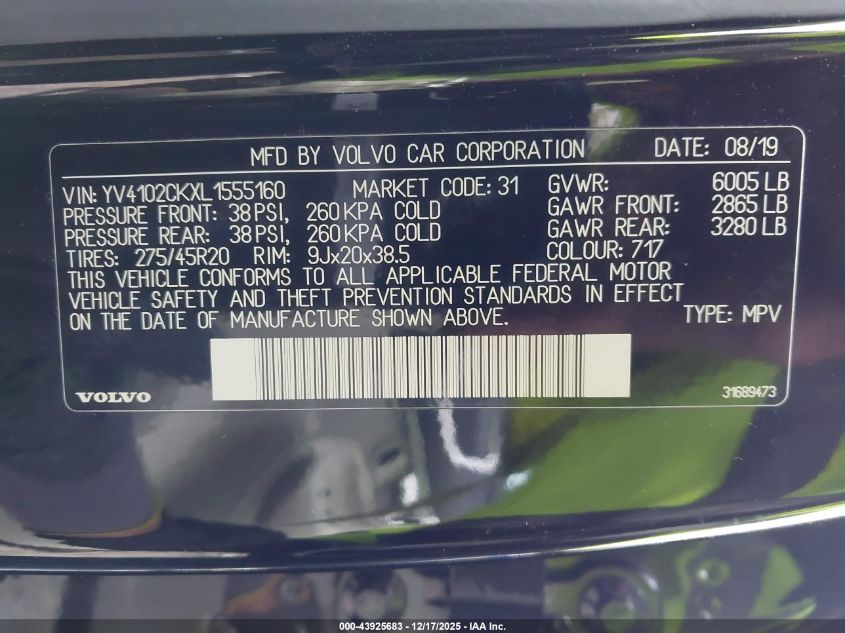 2020 Volvo Xc90 T5 Momentum 7 Passenger VIN: YV4102CKXL1555160 Lot: 43925683