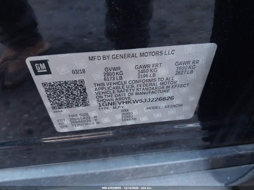 2018 Chevrolet Traverse 3Lt VIN: 1GNEVHKW5JJ226626 Lot: 43925695