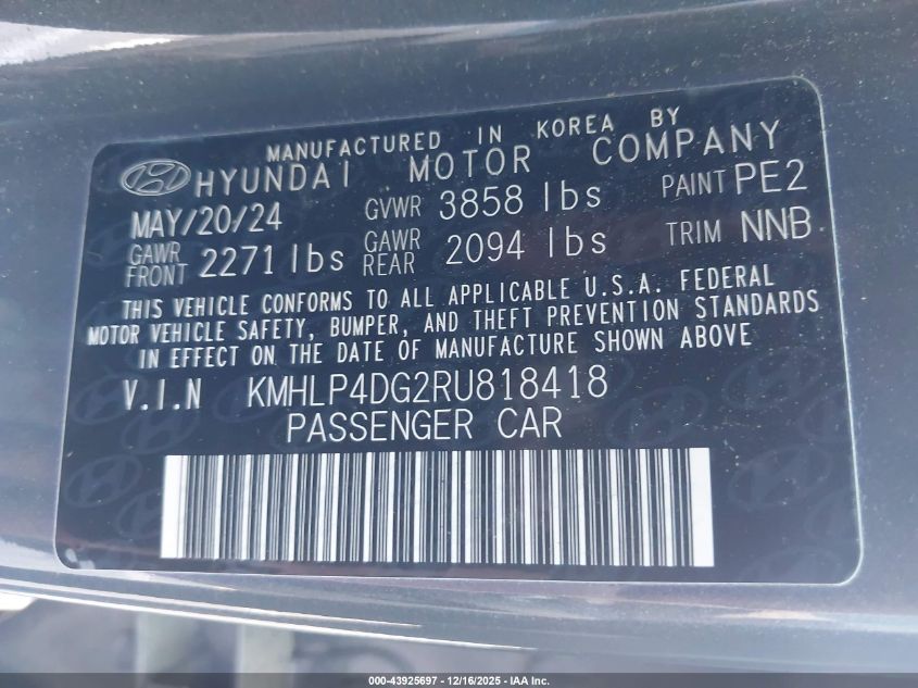 2024 Hyundai Elantra Limited VIN: KMHLP4DG2RU818418 Lot: 43925697