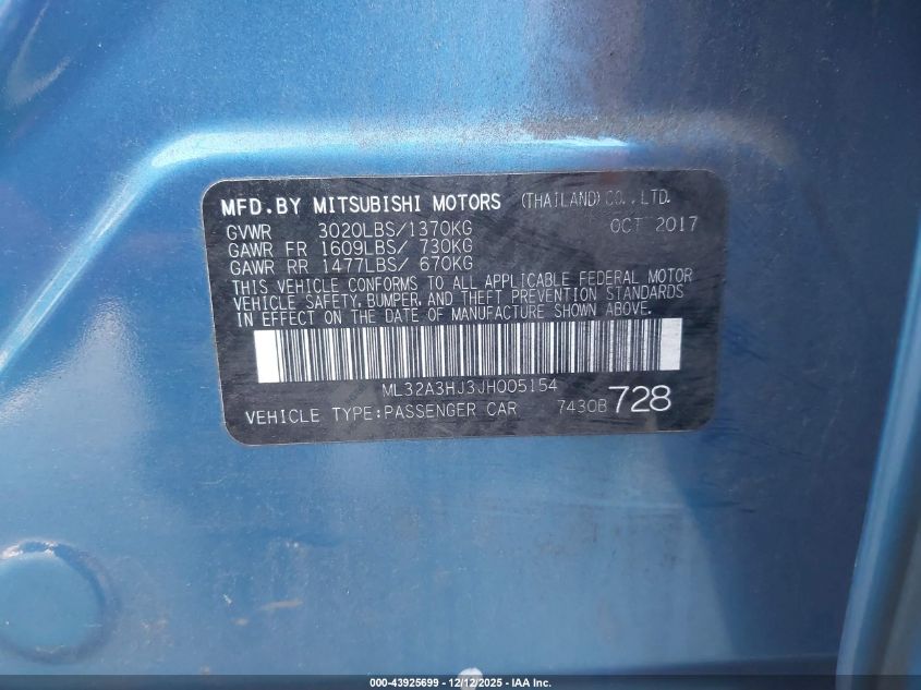 2018 Mitsubishi Mirage Es VIN: ML32A3HJ3JH005154 Lot: 43925699