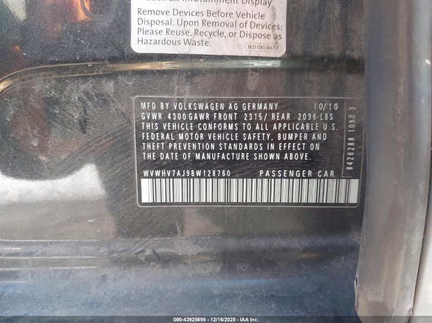 2011 Volkswagen Gti 4-Door Autobahn VIN: WVWHV7AJ9BW128760 Lot: 43925698