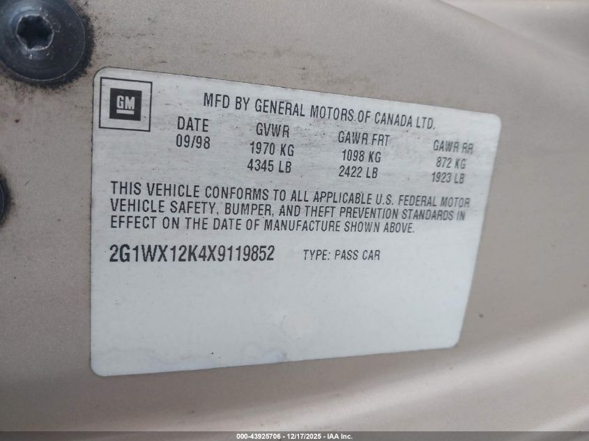 1999 Chevrolet Monte Carlo Z34 VIN: 2G1WX12K4X9119852 Lot: 43925706