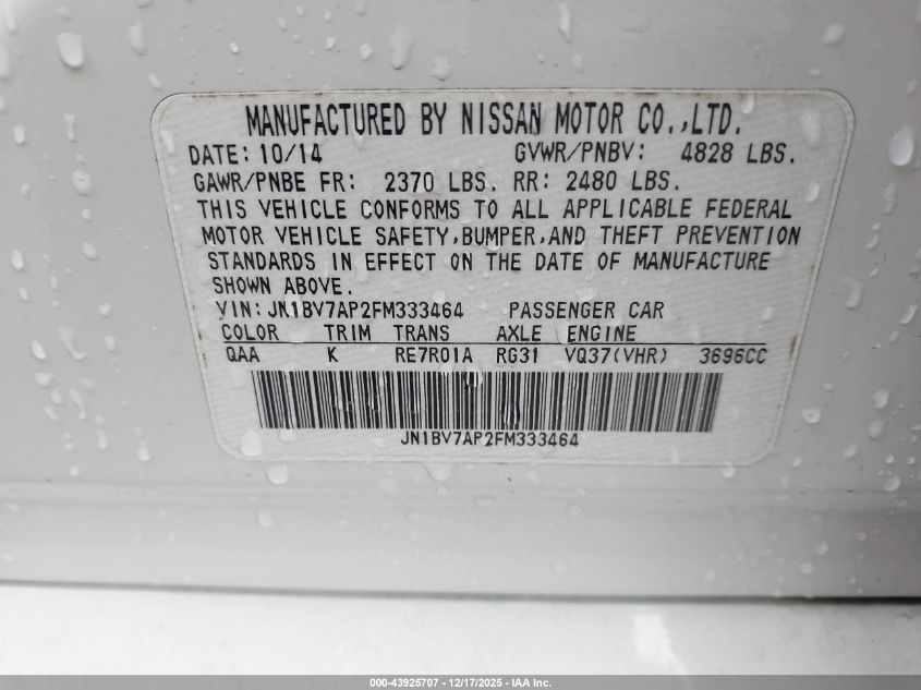 2015 Infiniti Q50 Premium VIN: JN1BV7AP2FM333464 Lot: 43925707