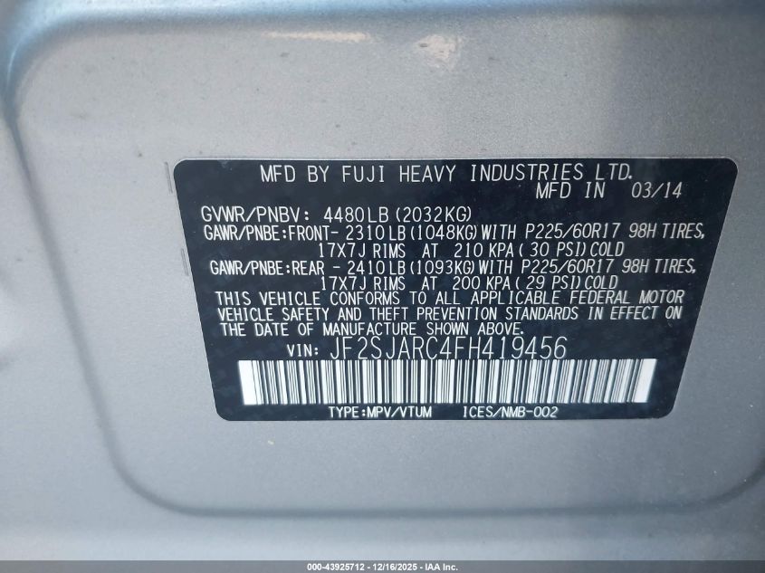 2015 Subaru Forester 2.5I Limited VIN: JF2SJARC4FH419456 Lot: 43925712