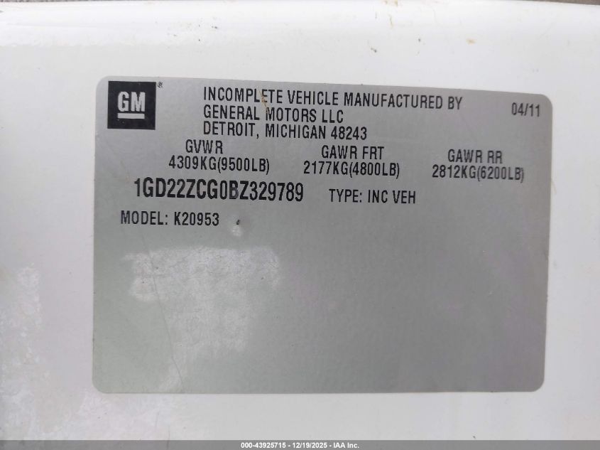 2011 GMC Sierra 2500Hd Work Truck VIN: 1GD22ZCG0BZ329789 Lot: 43925715