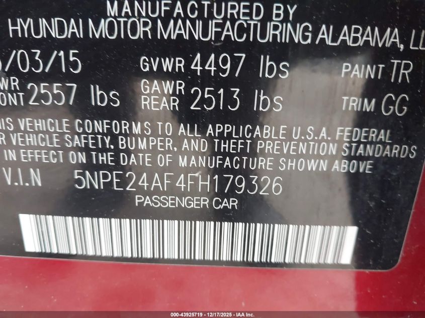 2015 Hyundai Sonata Se VIN: 5NPE24AF4FH179326 Lot: 43925719