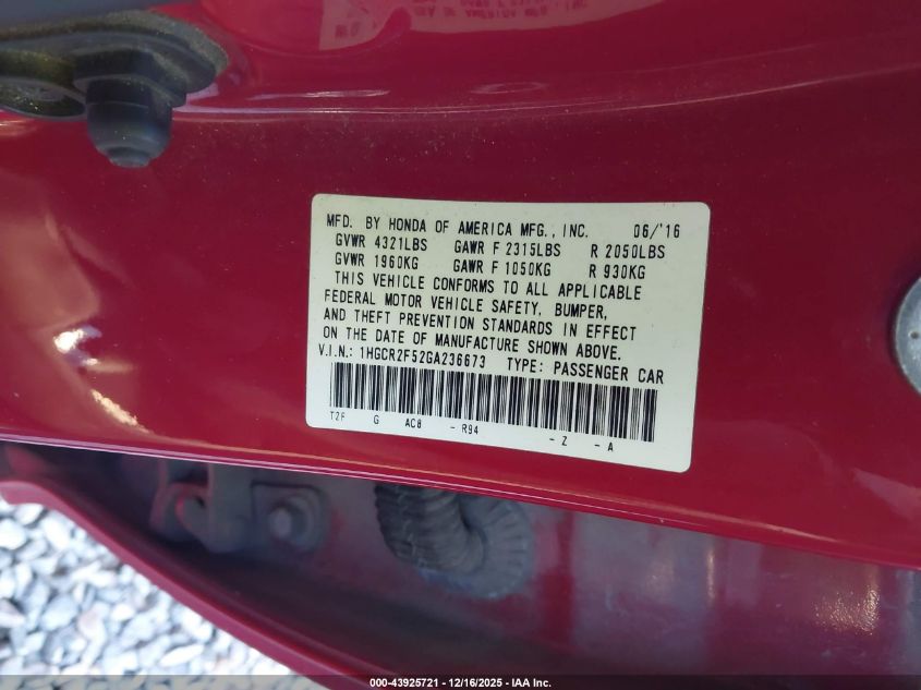 2016 Honda Accord Sport VIN: 1HGCR2F52GA236673 Lot: 43925721