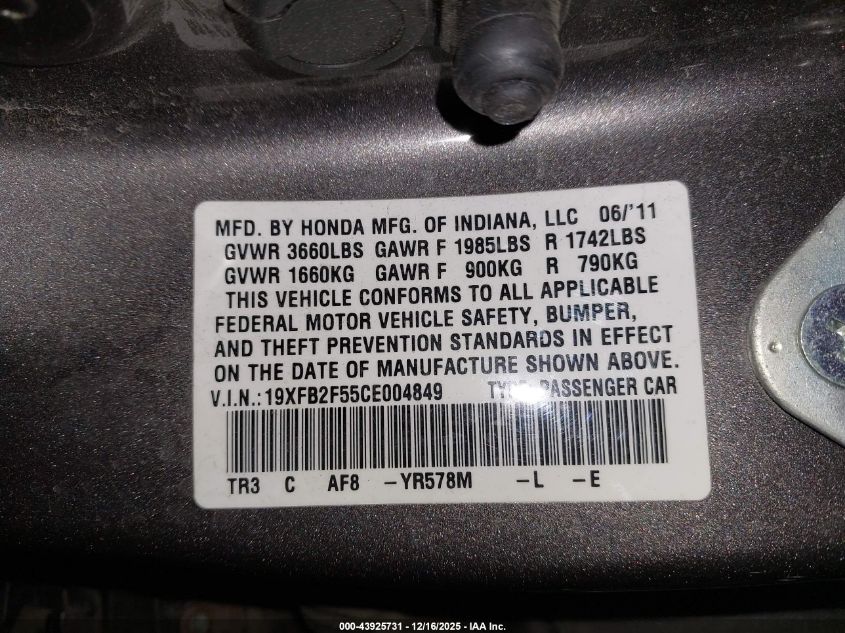 2012 Honda Civic Lx VIN: 19XFB2F55CE004849 Lot: 43925731