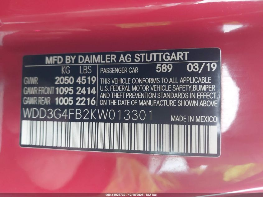 2019 Mercedes-Benz A 220 4Matic VIN: WDD3G4FB2KW013301 Lot: 43925732