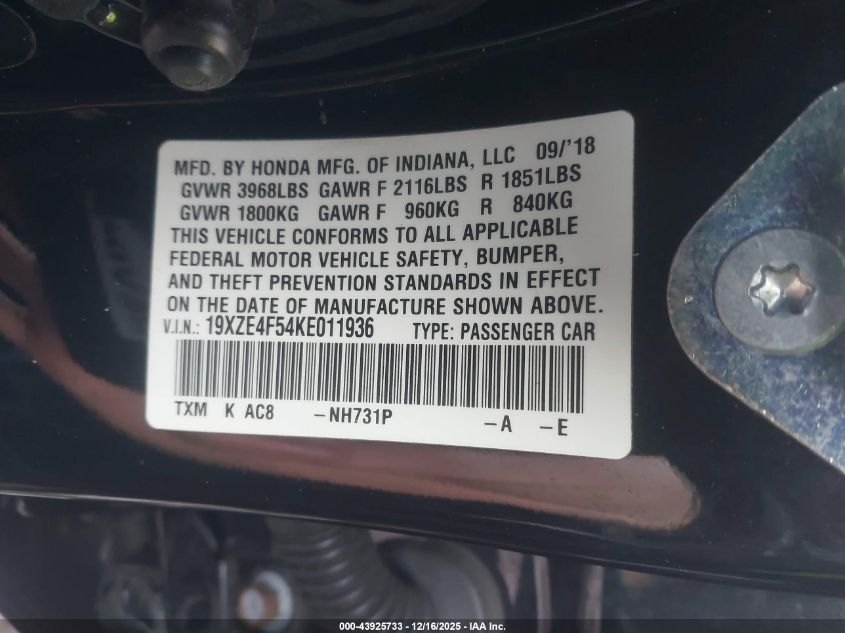 2019 Honda Insight Ex VIN: 19XZE4F54KE011936 Lot: 43925733